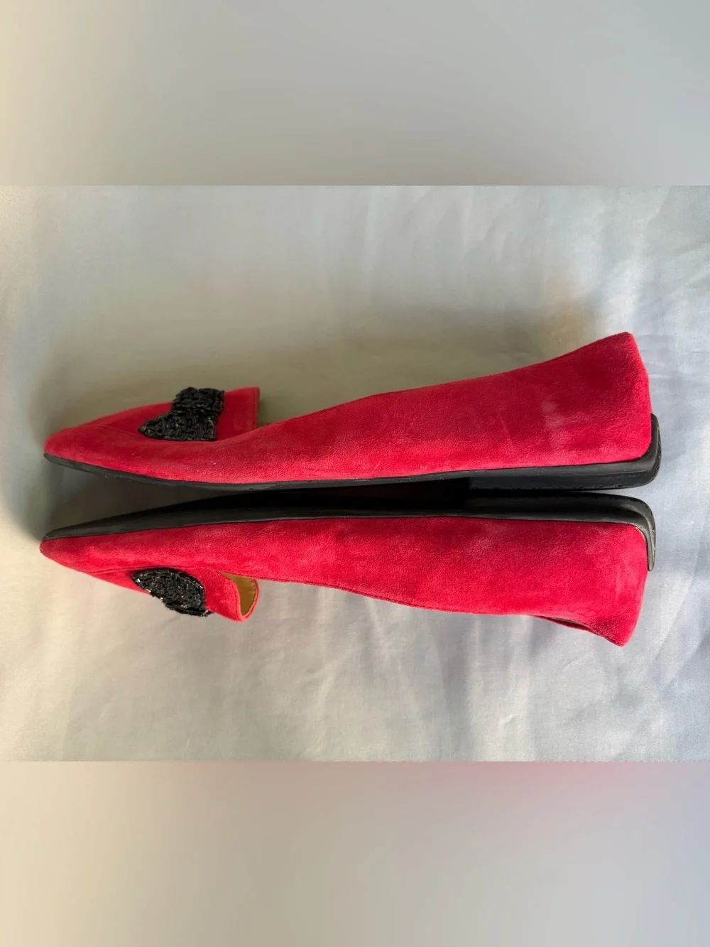 Talbots Bright Red Suede Pointed Loafers with Black Beaded Bow Size 10.5